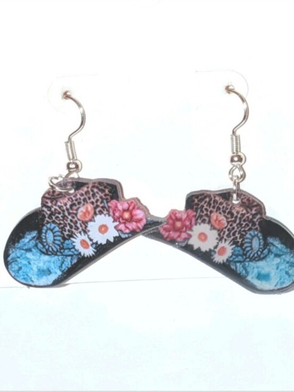 Blue Floral Cowboy Boot Dangle Earrings with Pink Accents - Women Jewelry